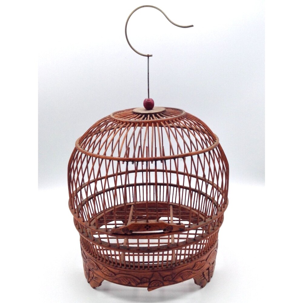 Vtg Hanging Bamboo Bird Cage Feeder Handmade Antique Collectible Handcarved 10"